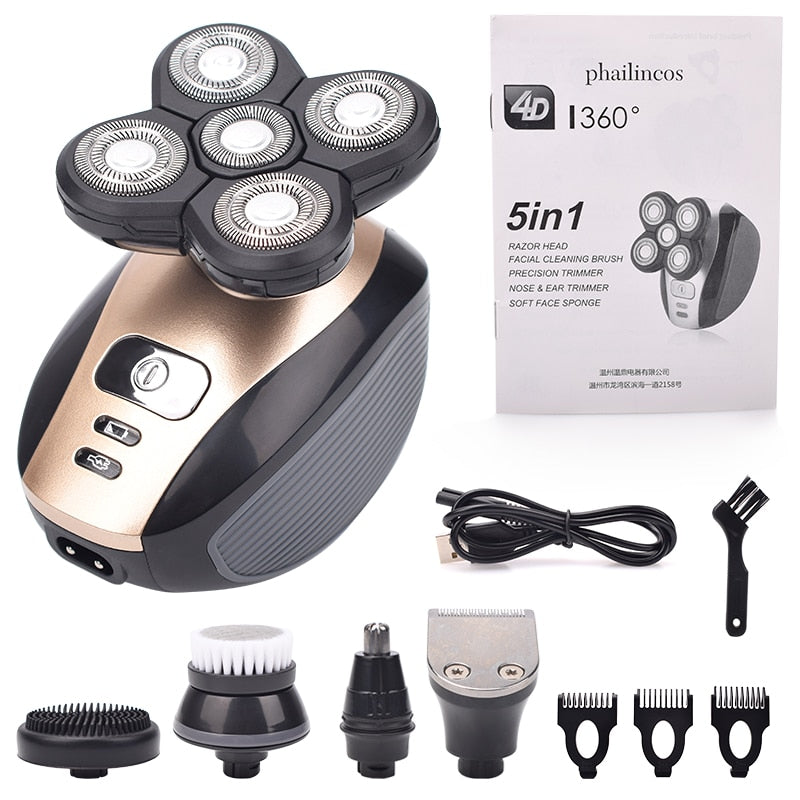 5 In 1 4D Men&#39;s Rechargeable Bald Head Electric Shaver 5 Floating Heads Beard Nose Ear Hair Trimmer Razor Clipper Facial Brush - RY MARKET PLACE