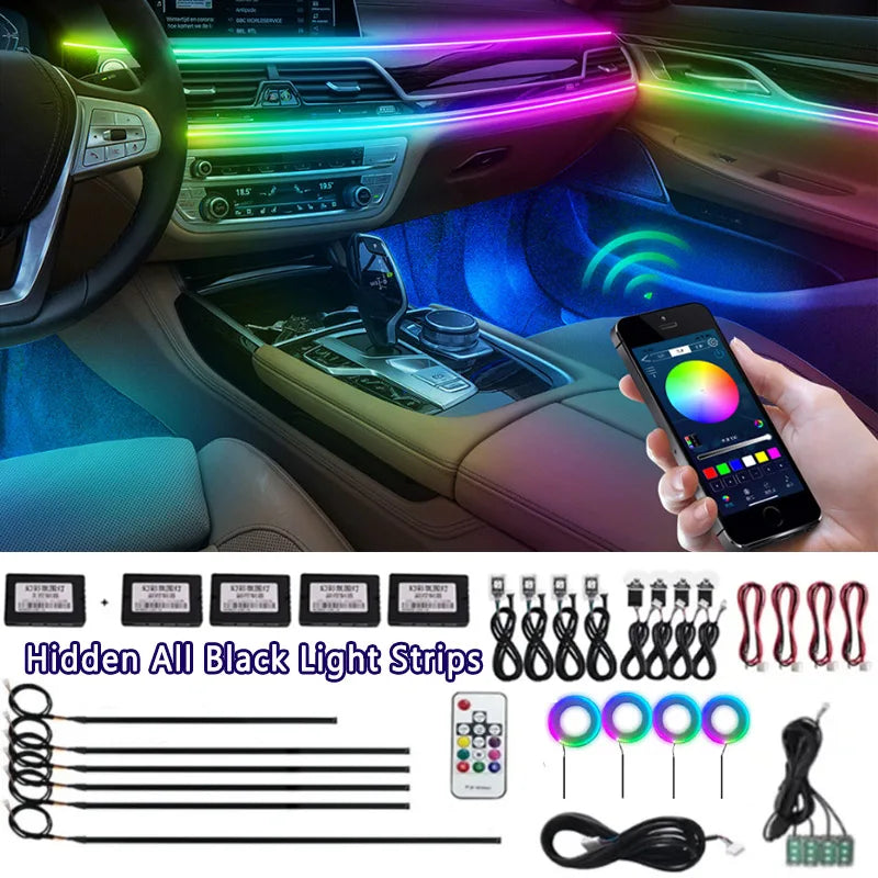 14/18/22 in 1 Streamer Ambient Lights 64 213 Color Rainbow RGB Acrylic Led Car Atmosphere Lights Hidden All Black Light Strips