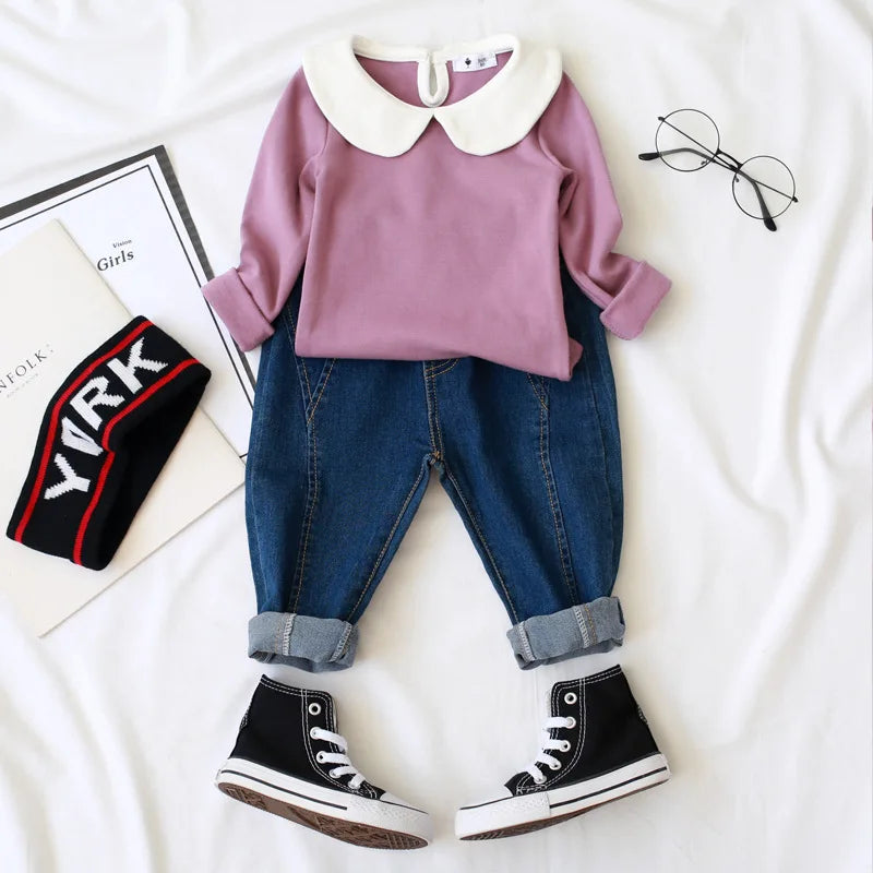 2024 Spring Autumn Children Girl Shirts Cotton Turn Down Collar Baby Girl Undershirt Casual Long Sleeve Young Kid Girl Pullovers