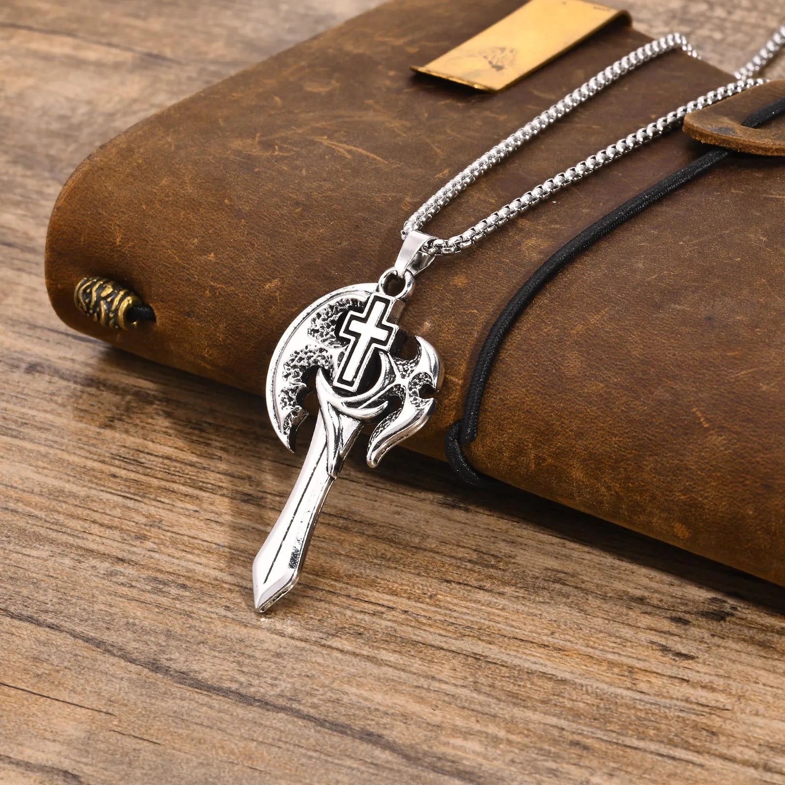 Mprainbow Mens Axe Sword Necklaces, Waterproof Stainless Steel Cross Pendant with Box Chain,Father's Day Birthday Party Gifts