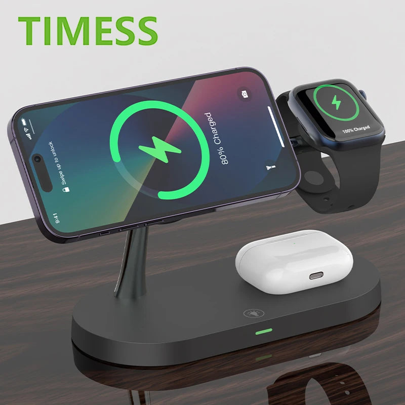 3 in 1 Wireless Charger Stand For iPhone 12 13 14 15 Magsafe Charger Airpods Pro Apple Watch 9 8 7 6 QI Fast Charging Station