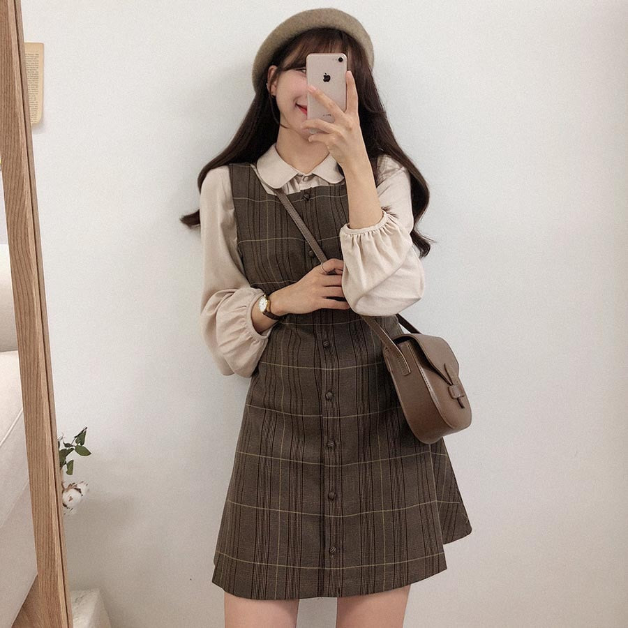 Cute Mini New Year Date Dresses Sleeveless Vest Women Korea Japanese Style Design Retro Vintage Plaid Button Shirt Dress 11021 - RY MARKET PLACE