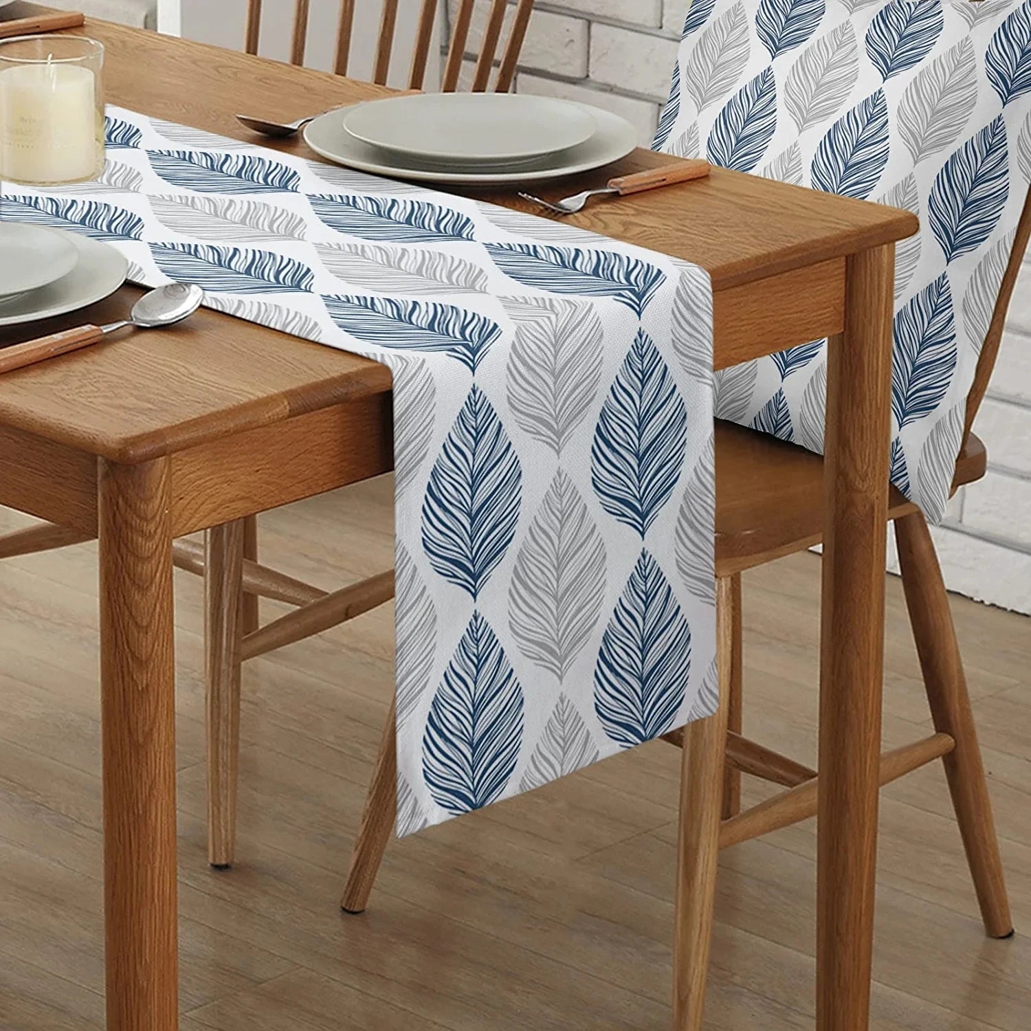 Navy Blue and Grey Leaf Texture Linen Table Runner Wedding Decortions Abstract Art Leaves Dining Table Runner Party Decor