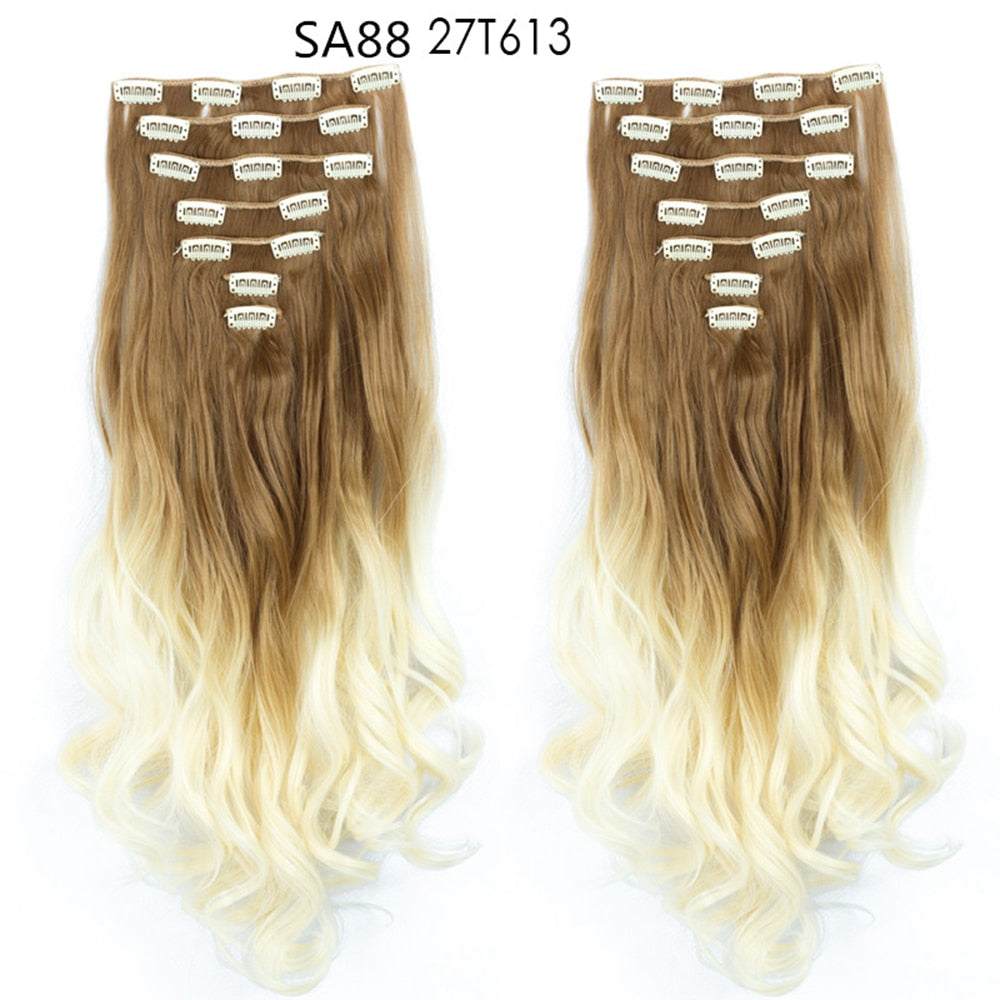 LINWAN Hair 22inch Ombre Hair Long Curly Hair Extension 16 Clips High Tempreture Synthetic Hairpiece Clip In Hair Extensions - RY MARKET PLACE