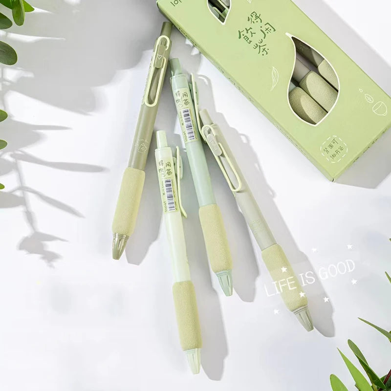 4PCS/Pack Green Tea Gel Pen Set 0.5mm Writing Pen Soft Touch Holder  Ballpoint Pen Black Color Ink Gel Pens Office School Supply