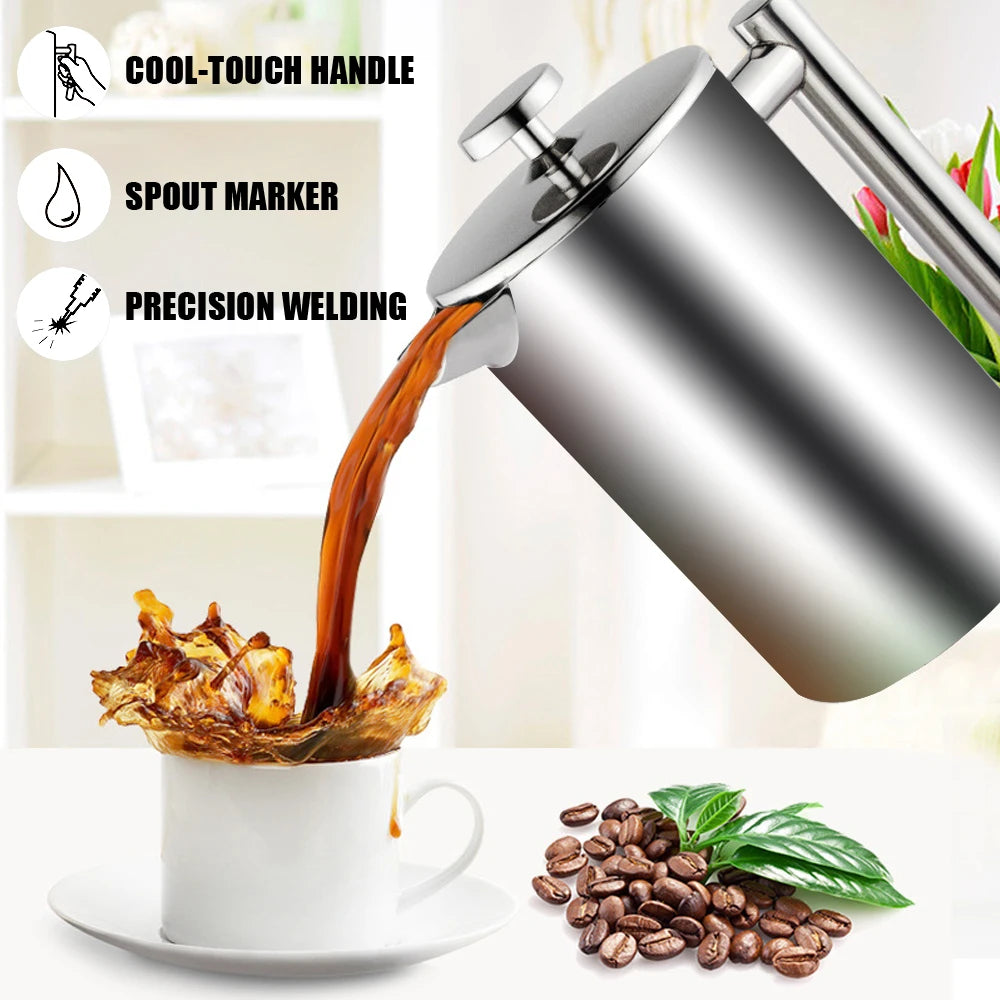 Coffee Percolator Pot Stainless Steel Tea Maker Pot Double Wall French Press Coffee Maker Espresso Coffee Machine Large Capacity