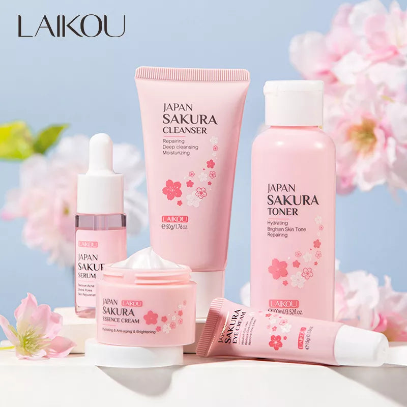 Face Skin Care Set Cleanser Sakura Essence Cream Moisturizing Whitening & Anti-Aging Toner Eye Cream Face Serum Eye Skin Care