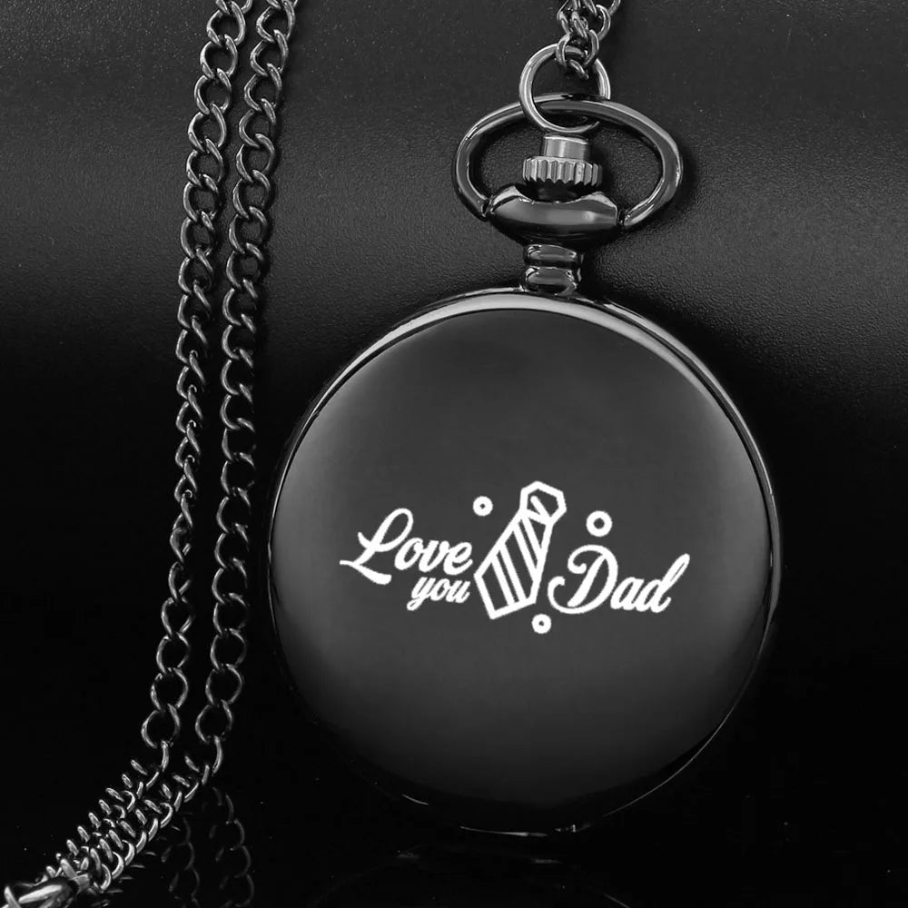 Love you,Dad-fashion design carving english alphabet face pocket watch a belt chain Black quartz watch father's day perfect gift