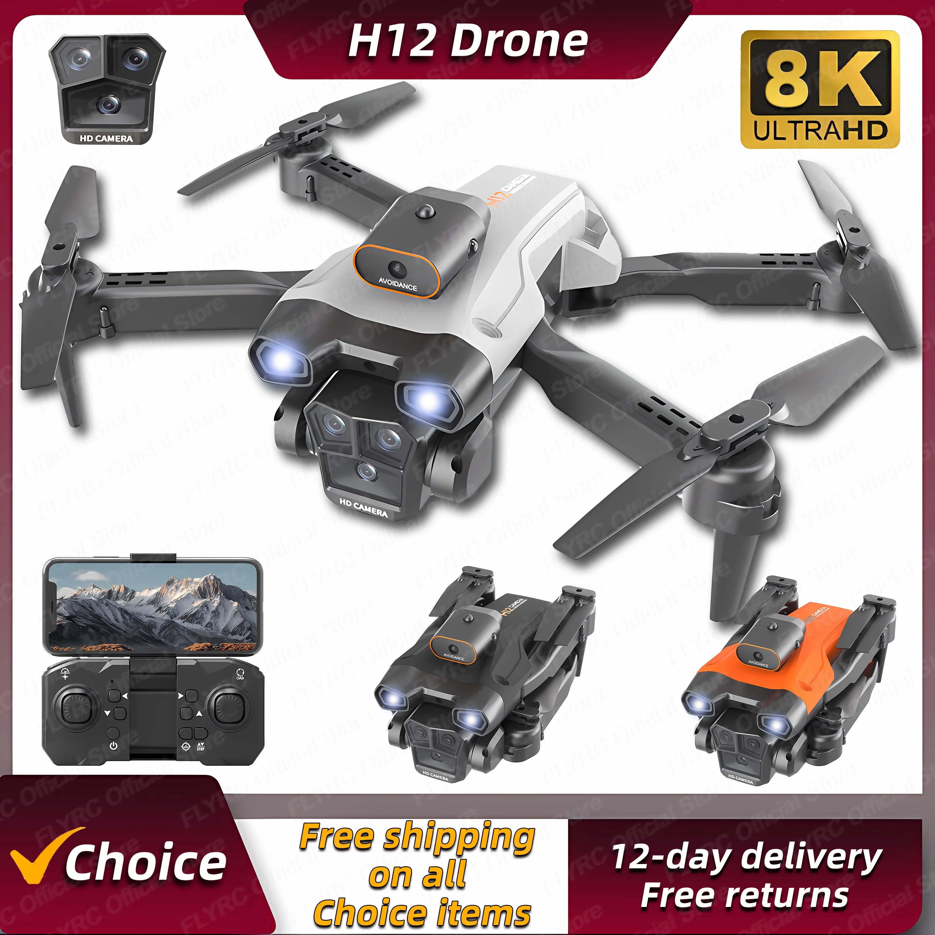 New H12 Mini Drone 8K Professinal Three Camera Wide Angle Optical Flow Localization Four-way Obstacle Avoidance RC Quadcopter