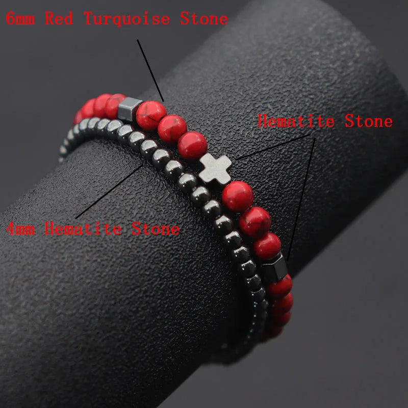 Noter Man Bracelet 2pcs/Set 4mm Hematite Beads Braclet 6mm Lava Tiger Eyes Braslet Homme Father's Day Brazalete Cross Pulseras