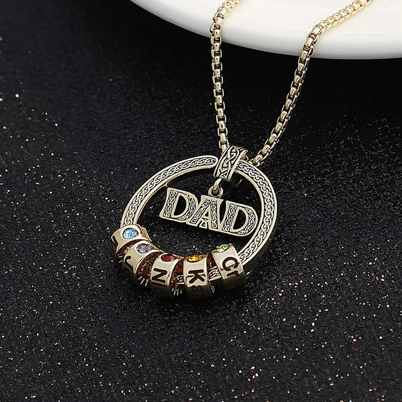 DAD G-Shape Pendant Necklaces Custom 6 Names Birthstones Copper Beaded Round Pattern Family Necklace Jewelry Father's Day Gifts