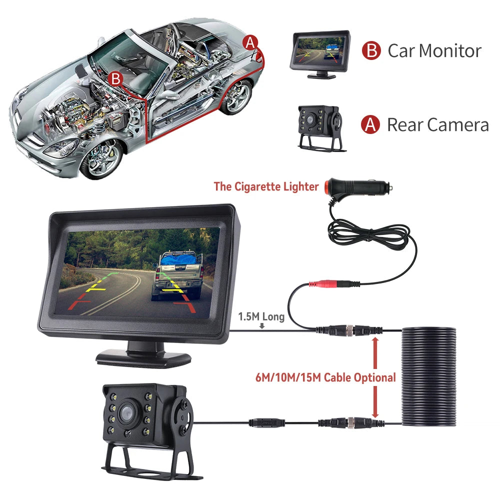 MJDOUD  Car Rear View Camera with Monitor For Truck Vehicle Parking 4.3" Screen Rear Camera 9-36V Night Vision Easy Installation