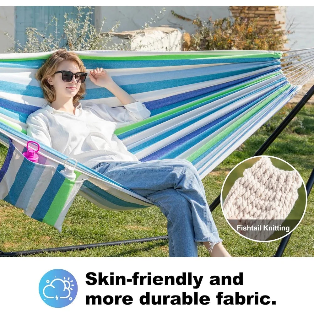 Double Hammock with Stand for Outside, Stable V-Shape Steel Stand, Comfortable Pillow, Convenient Sidebag, Max 450 lbs Capacity