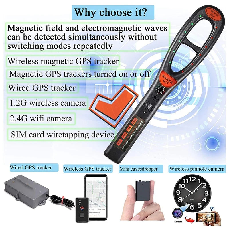 GPS Microphone Detector Hidden Wireless Camera Laser Detection Raksa 021 GPS Strong Magnetic Field Signal Detector for Security