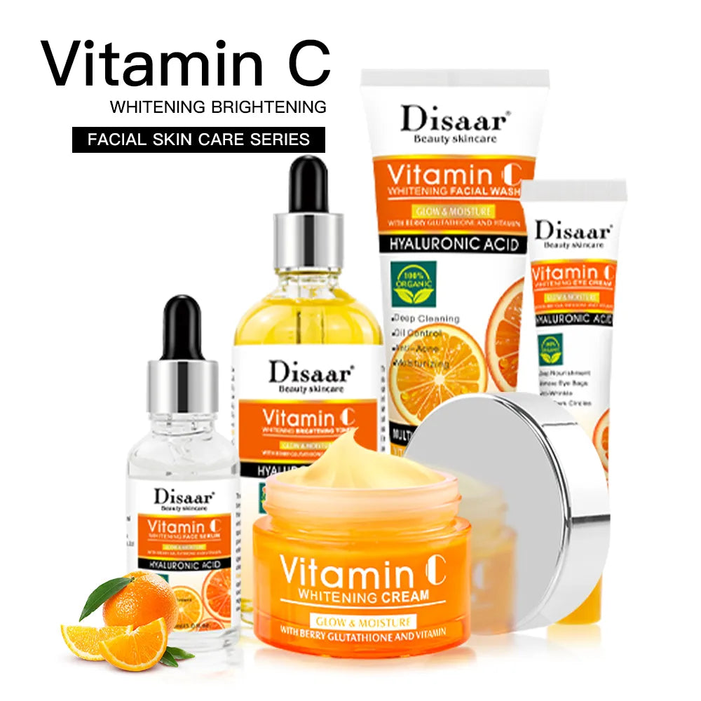 Disaar Vitamin C Facial Whitening Care Set Face Cleanser Fade Dark Circles Eye Cream Essence Lighten Spots VC Brightening Care