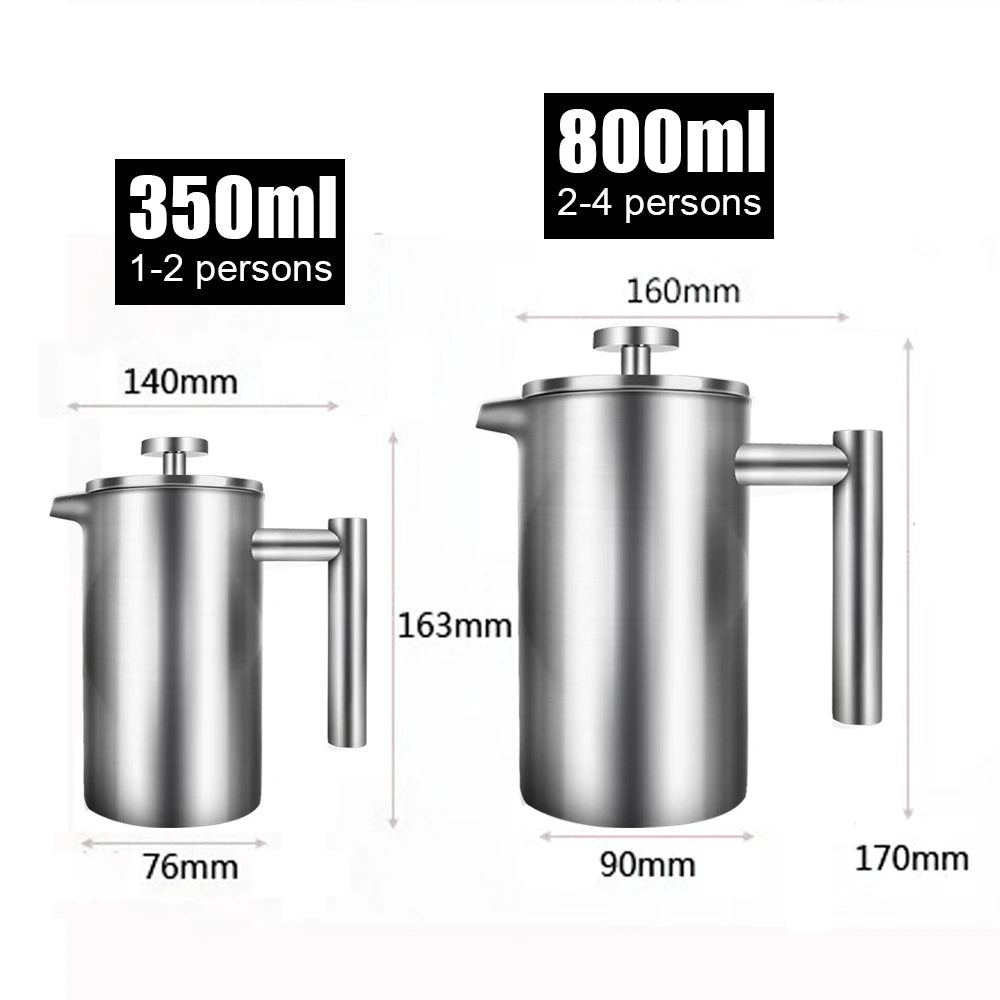 350-800ml Large Capacity Espresso Coffee Machine Tea Maker French Press Coffee Maker Percolator Pot Double Wall Stainless Steel