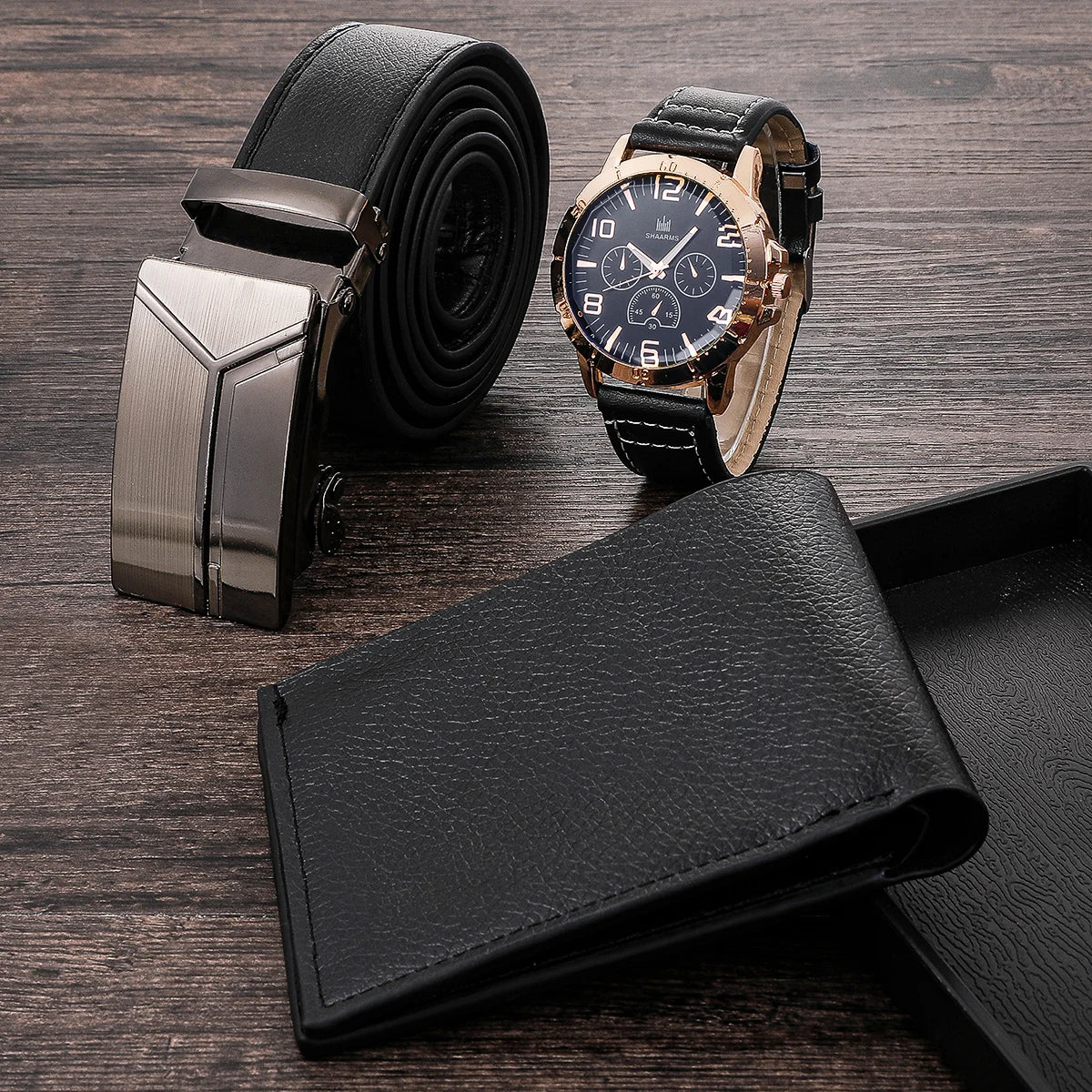 Men's Watch+Wallet+Belt Set Male's Gift for Father's Day Birthday Gift 3pcs/set PU Strap Good-looking Casual Quartz Watch JAN88