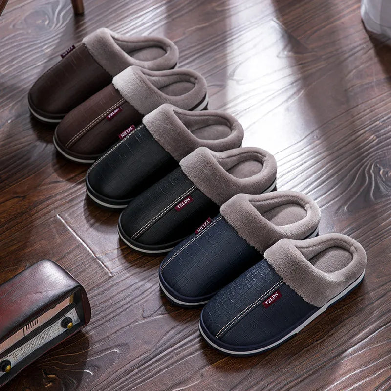 Big Size 50 51 Men's PU Leather Slippers Couples Indoor Waterproof Furry Flats Winter Warm Plush Shoe Women Non Slip Home Slides