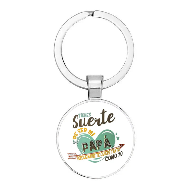 Fashion Jewelry Glass Pendant Metal Keychain Happy Father's Day Spanish Super Papa Gifts