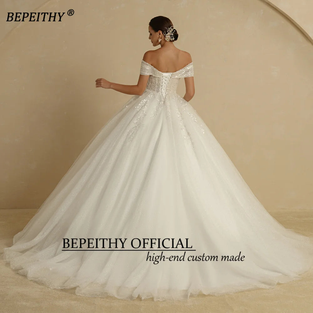 BEPEITHY Ivory Beading Princess Wedding Dresses 2022 For Bride Off The Shoulder Sleeveless Women Glitter Ball Bridal Gown Robes