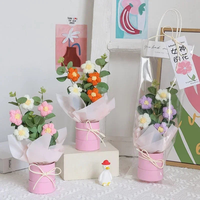 Mother's Day Gifts Colorful Crochet Flowers Bouquet Ins Artificial Flowers Wedding Party Decor Hand Woven Flowers 꽃다발