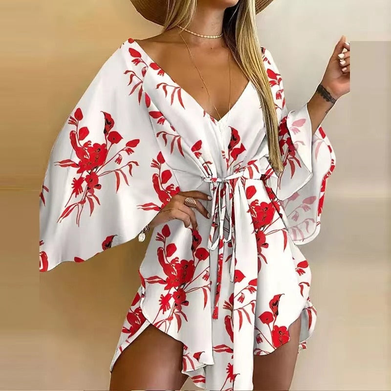 2023 New Summer Beach Elegant Women Dresses Sexy V Neck Lace-up Floral Print Mini Dress Casual Flared Sleeves Ladies Party Dress - RY MARKET PLACE