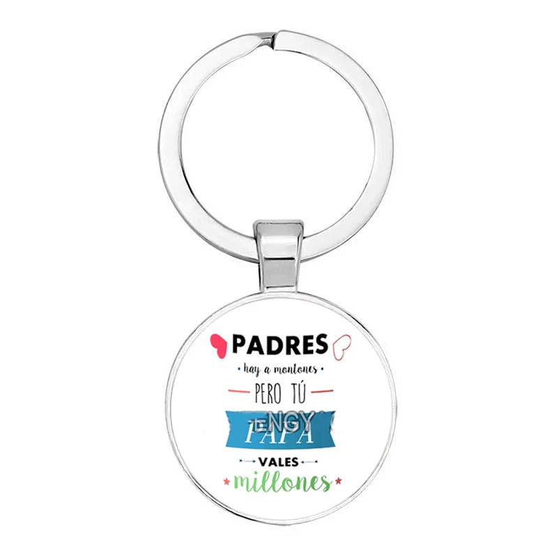 Fashion Jewelry Glass Pendant Metal Keychain Happy Father's Day Spanish Super Papa Gifts