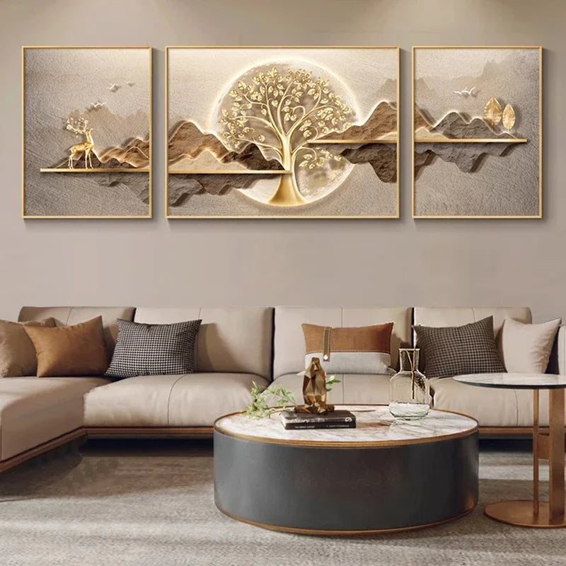 Modern Luxury Living Room Decoration Painting Wealth Tree Landscape Painting Wall Art Decoration Home Decor Frameless 3 Pcs/set