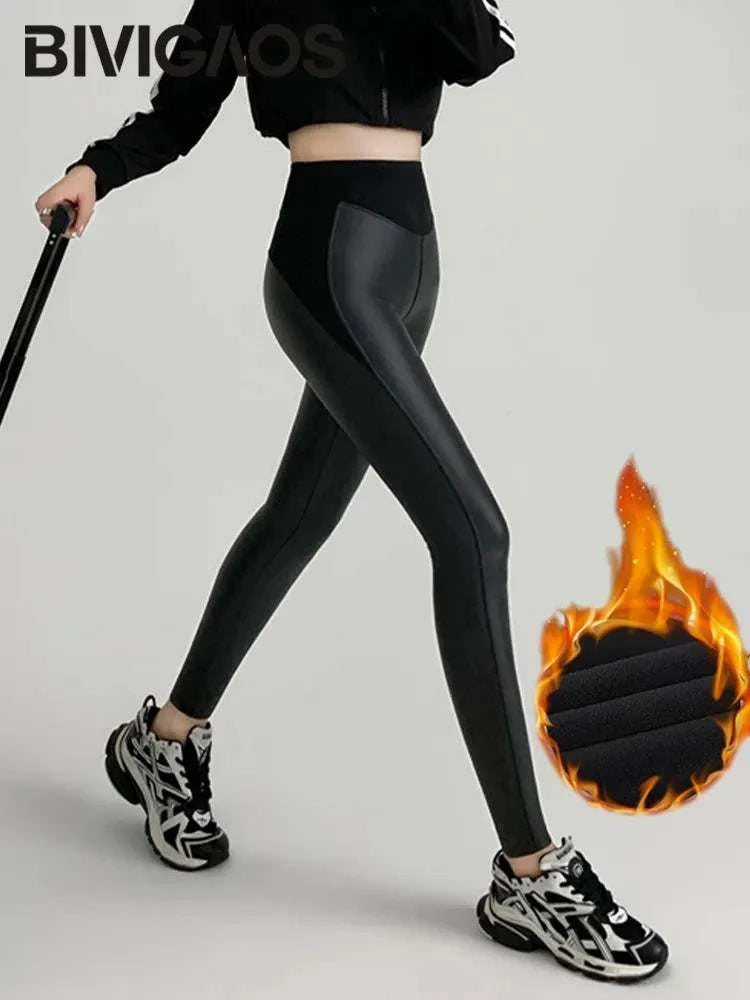 BIVIGAOS Fall New Tight Stretch Leather Pants Women Sharkskin High Waist Splicing PU Leather Fleece Sexy Leggings Winter Warm