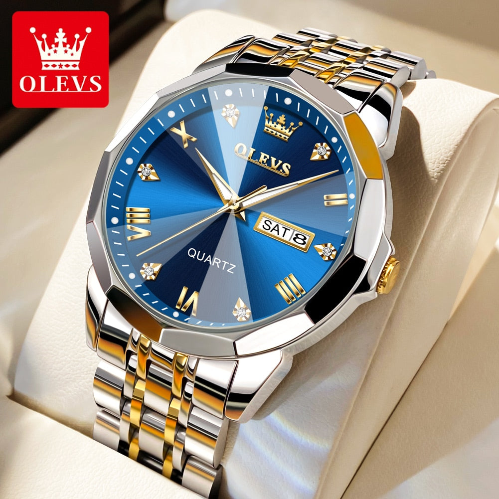 OLEVS Men's Watches Top Brand Original Quartz Watch for Man Waterproof Rhombus Mirror Luminous Wristwatch Date Week Casual New - RY MARKET PLACE