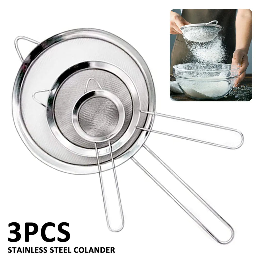 3Pcs Fine Mesh Stainless Steel Strainer Sieve Egg Filter Colanders Coffee Tea Vegtables Filtering Food Kitchen Accessories Set