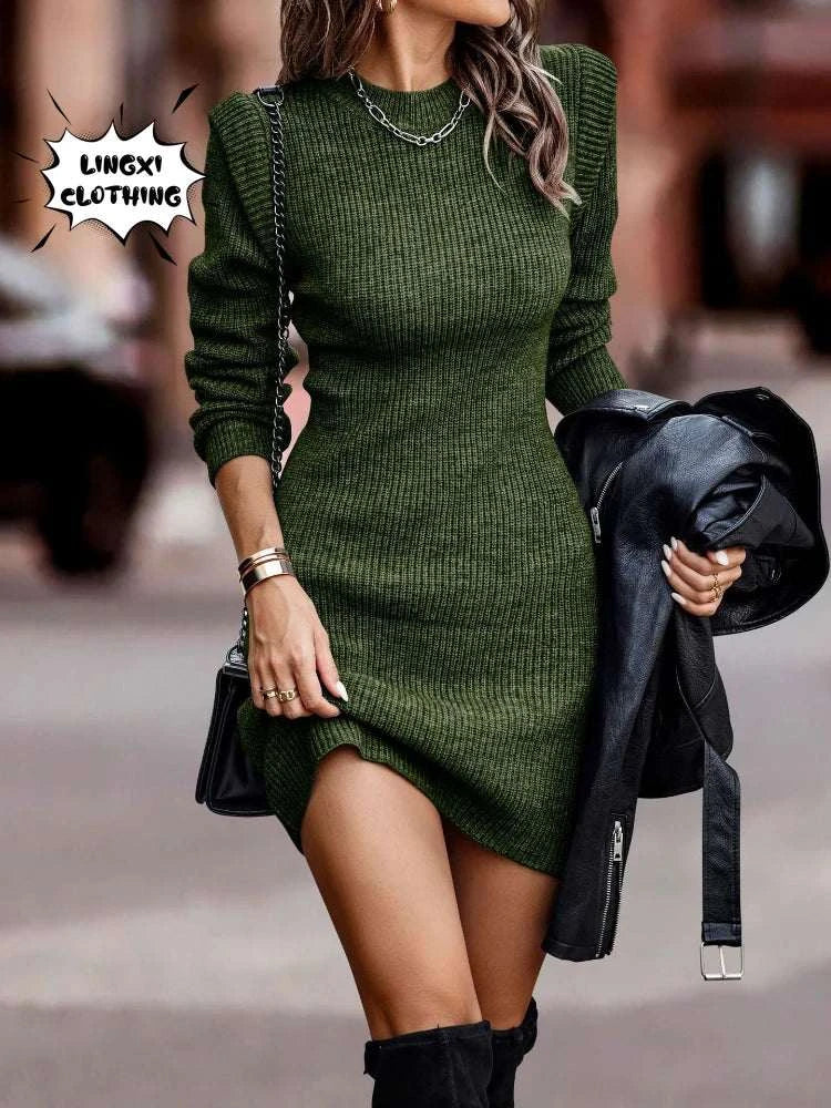 2023 Autumn and Winter Korean Fashion Women's Knitted Hip Skirt Elegant Warm Elastic Long Sleeve Knitted Sweater Long Dress