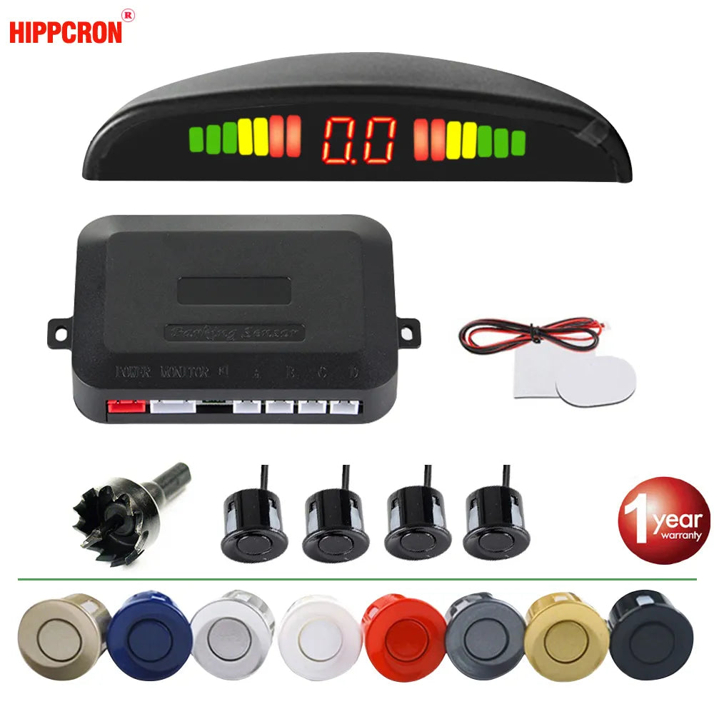 Hippcron Car LED Parking Sensor Kit 4 Sensors 22mm Reverse Radar Sound Alert Indicator System 8 Colors