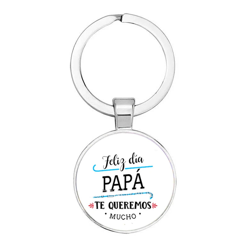 Fashion Jewelry Glass Pendant Metal Keychain Happy Father's Day Spanish Super Papa Gifts