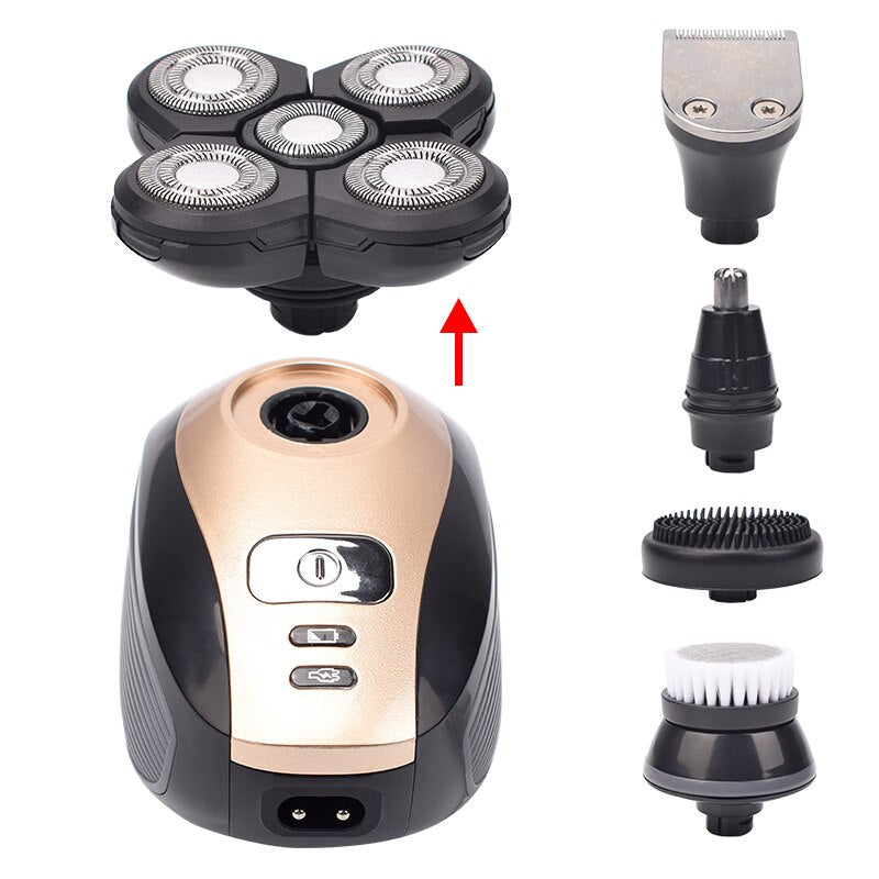 5 In 1 4D Men&#39;s Rechargeable Bald Head Electric Shaver 5 Floating Heads Beard Nose Ear Hair Trimmer Razor Clipper Facial Brush - RY MARKET PLACE