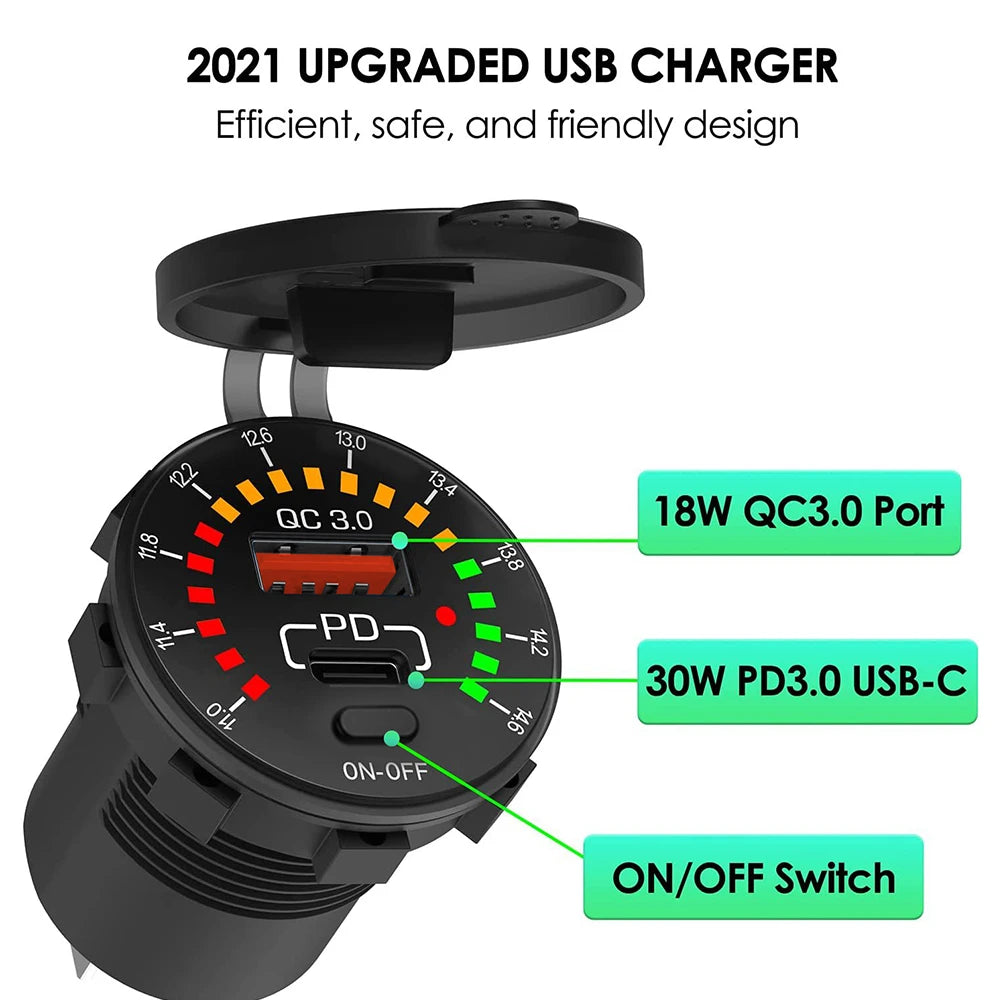 45W Dual USB Charger Socket with LED Voltmeter ON OFF Switch QC3.0 PC Type C Waterproof USB Outlet Fast Charger for 12V/24V Car