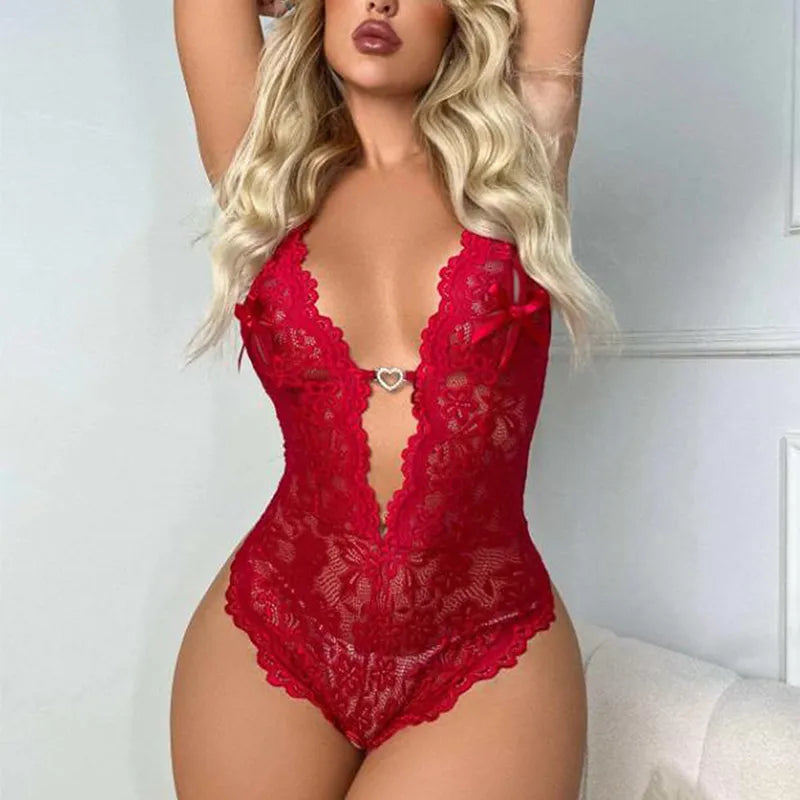 One Piece Open Bra Crotchless Women's Underwear For Sex Lace Transparent Lingerie Sets Plus Size Body Suit Erotic Lenceria Mujer