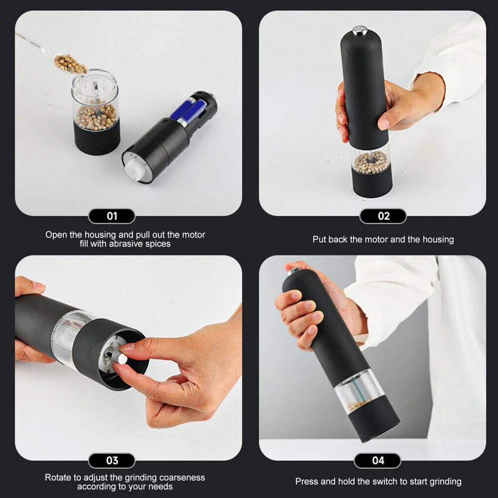 Black Electric Automatic Salt and Pepper Grinder Spices Mill Kitchen Tool Battery Operated Adjustable Coarseness with LED Light