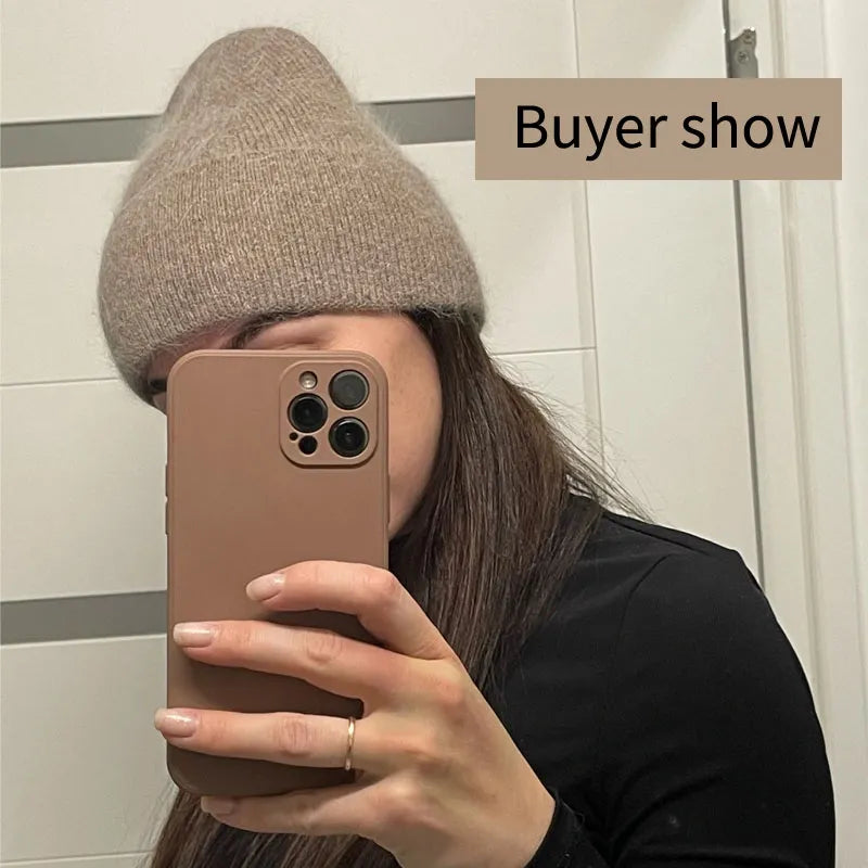 2022 New Angora Winter Hat For Womens Rabbit Fur Fluffy Knitted Beanies Hat  Bonnet Female Soft  Warm SKI Skullies  Beanies