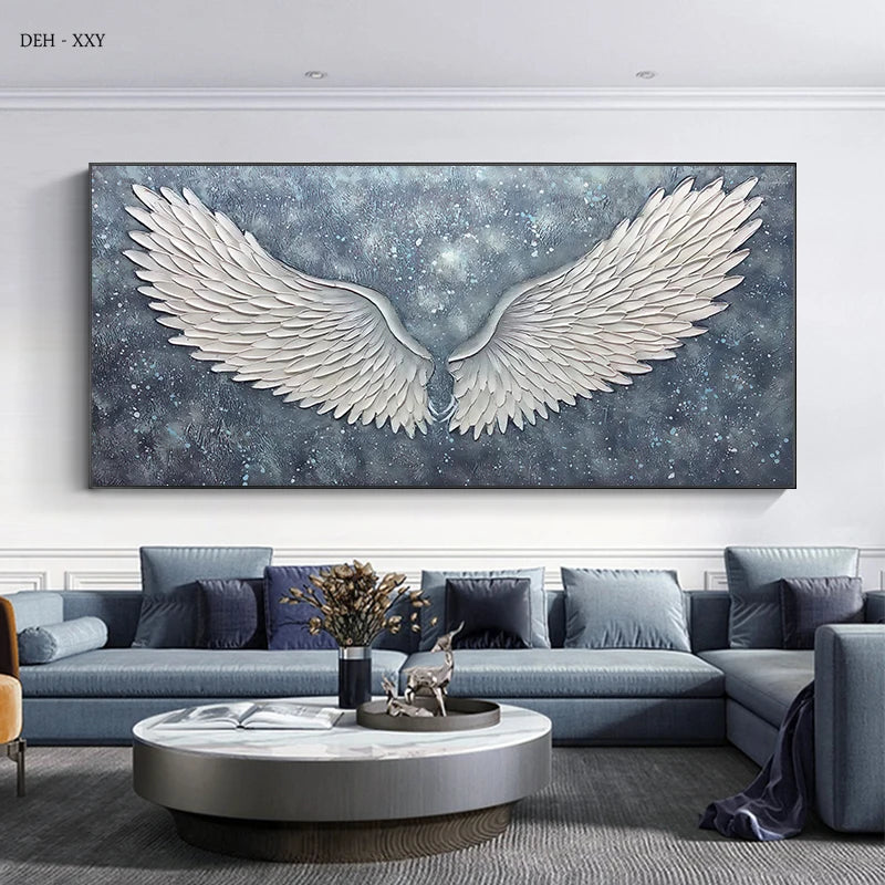 Modern Abstract Wall Decoration Painting White Angel Wings Art Canvas Painting Poster Star Blue Picture Living Room Home Decor