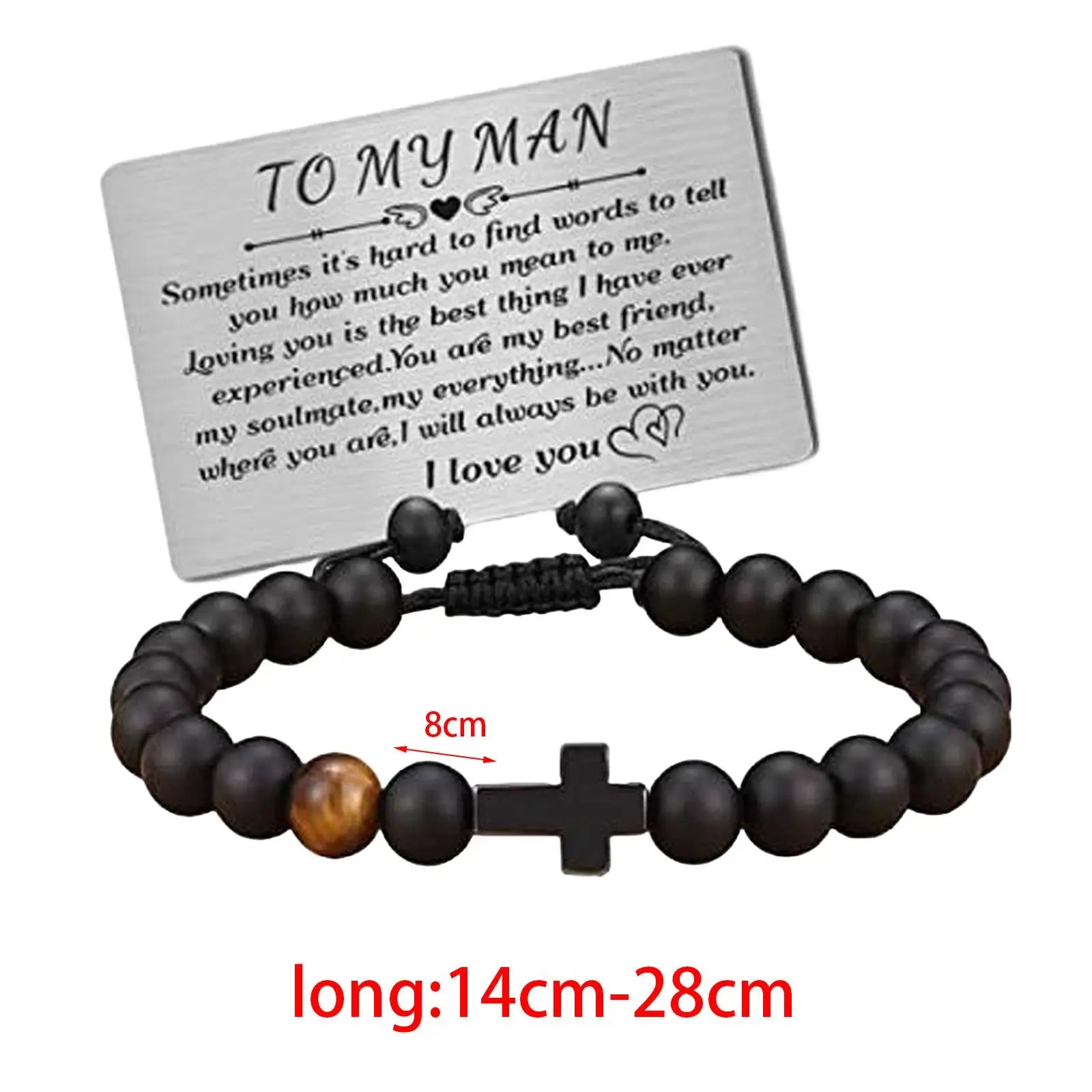 Mens Bead Bracelet with Engraved Wallet Card 8mm Stone Beads Bracelet for Father Anniversary Father's Day Birthday Gifts for Him