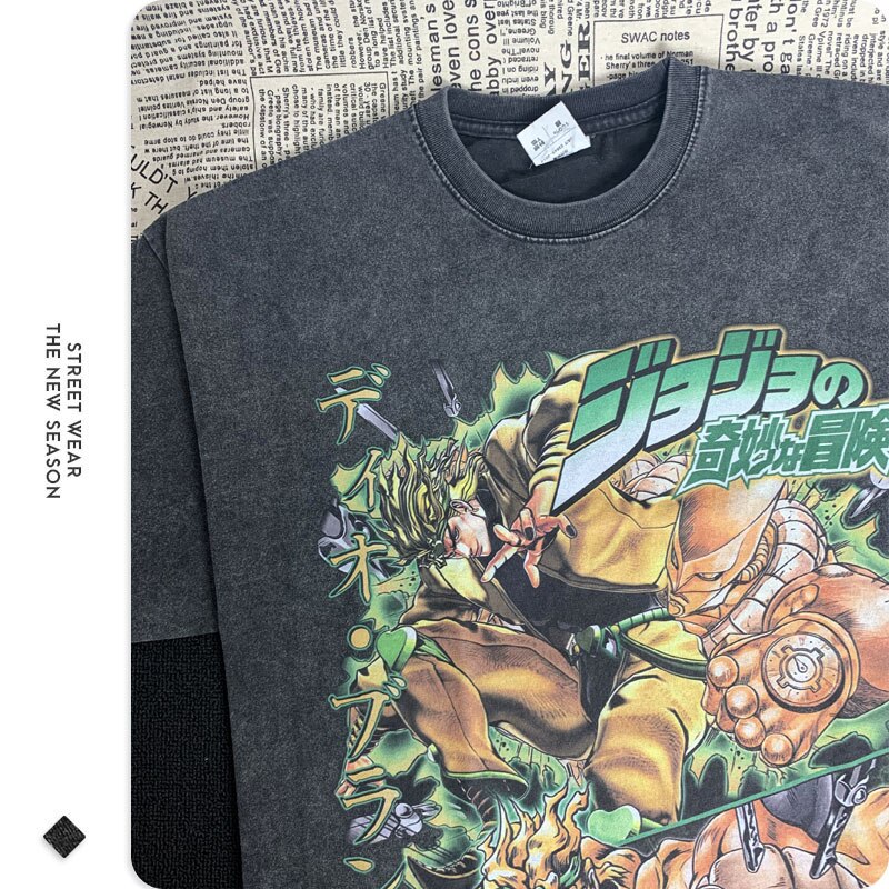 DIO T Shirt Vintage Washed Anime JoJos Bizarre Adventure T-shirts Oversized Streetwear Manga Kujo Jotaro Tops Tees Men Cotton - RY MARKET PLACE