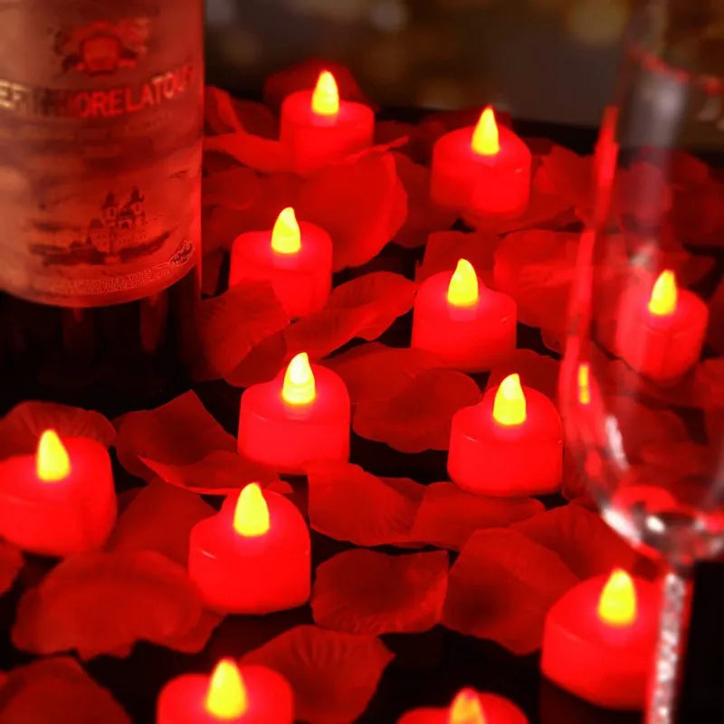 24pcs Heart Shape LED Tealight Candles with 1000pcs Silk Rose Artificial Petals Girl Scatter for Valentine's Day Wedding Decor