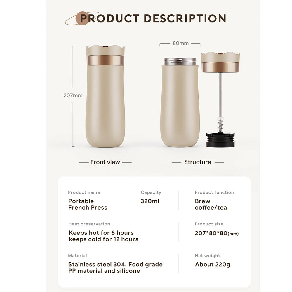 Portable French Press Pot 320ml Travel Coffee Maker Stainless Steel Double-walled Coffee Tea Bottle & Plastic Coffee Pot