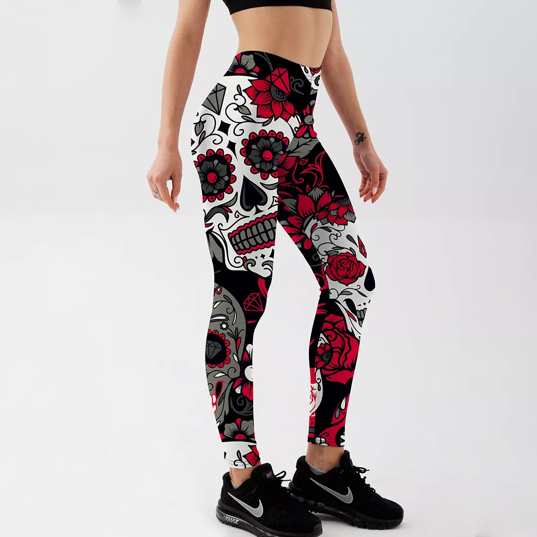 Fashion Fitness Skull Coloured Spider Web Digital Printed Legging Womens Black Stretch Pants