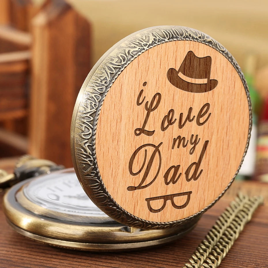 I Love You My Dad Best Papa Engraved Text Quartz Pocket Watch Necklace Chain Male Wooden Watch Father's Birthday Gifts for DAD