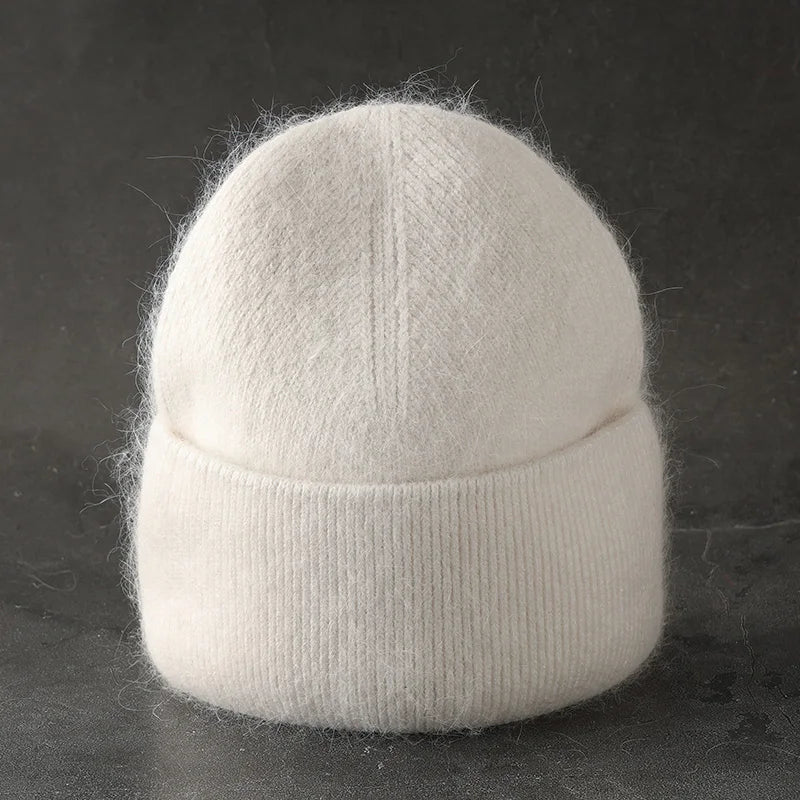 2022 New Angora Winter Hat For Womens Rabbit Fur Fluffy Knitted Beanies Hat  Bonnet Female Soft  Warm SKI Skullies  Beanies