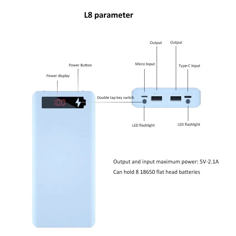 8/10*18650 Power Bank Cases Battery Holder Portable Dual USB Type C Charge Shell for iPhone Xiaomi Huawei 18650 Battery Cases