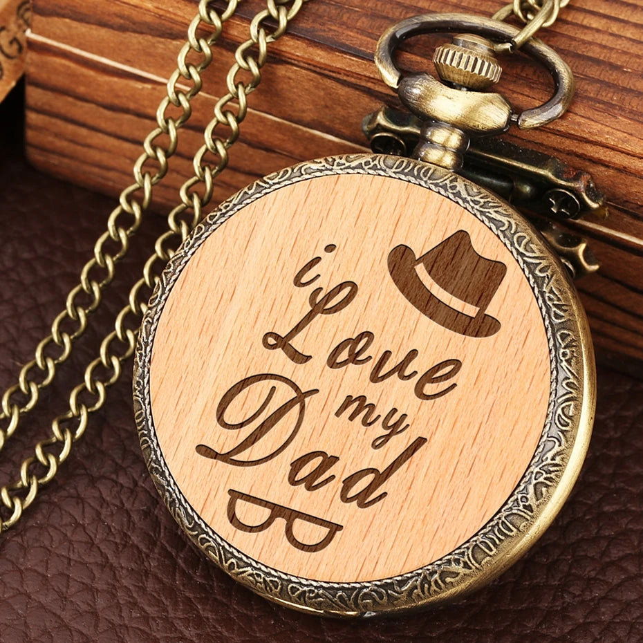 I Love You My Dad Best Papa Engraved Text Quartz Pocket Watch Necklace Chain Male Wooden Watch Father's Birthday Gifts for DAD