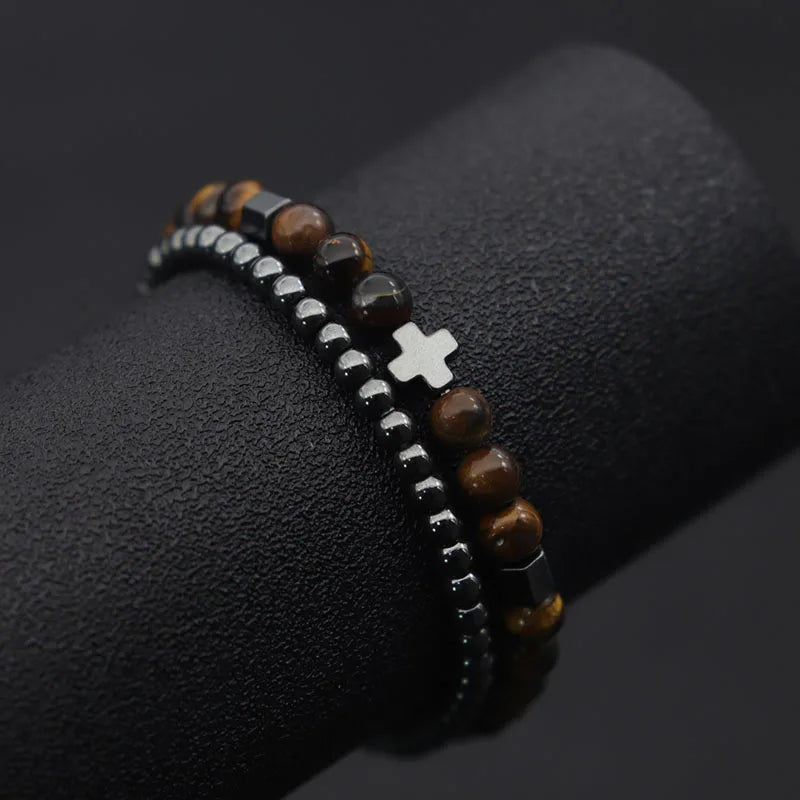 Noter Man Bracelet 2pcs/Set 4mm Hematite Beads Braclet 6mm Lava Tiger Eyes Braslet Homme Father's Day Brazalete Cross Pulseras